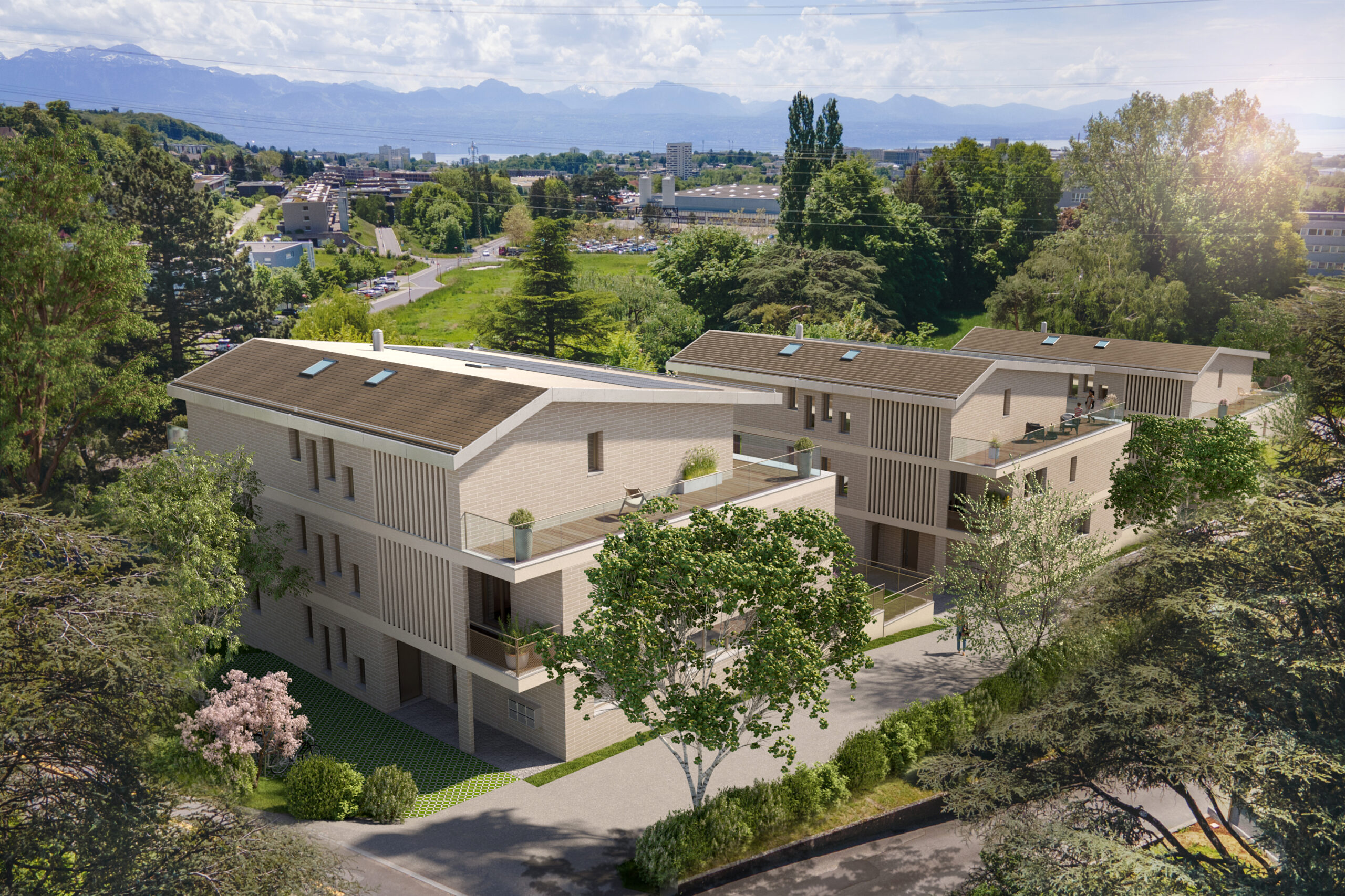 Champs d'Aullie au Mont-sur-Lausanne, perspective des bâtiments de logements avec balcons et terrasses